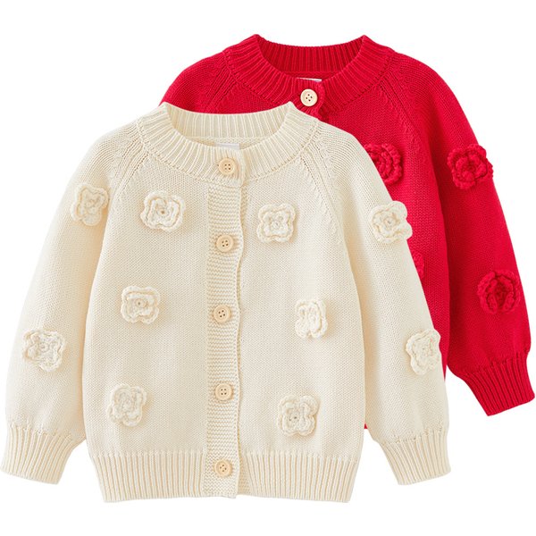 Spring And Autumn Round Neck Handmade Flower Knitted Cardigan Long-Sleeved Coat For Baby Girls Sweater-image
