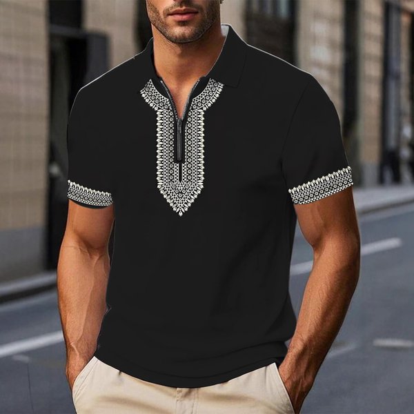 Men's Clothing Summer Fashion Trend Printed Pattern Comfortable Simple Breathable Short Sleeved Zipper Polo Shirt-image