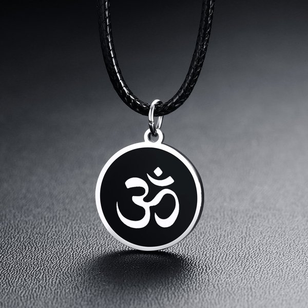 European And American Jewelry, Round Leather Cord Necklace, Stainless Om Pendant In Steel Color, Men's Metal Necklace-image