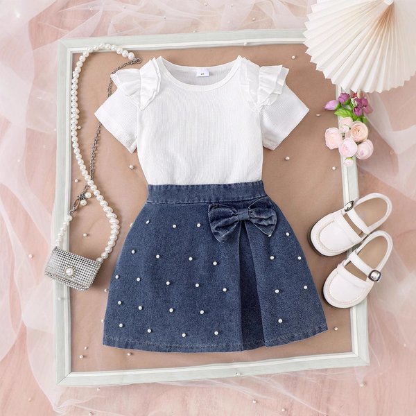 Girls' Summer Outfit Set – Sleeveless Solid Top + Sparkle Bow Short Skirt (3-8Y, Soft & Breathable, Playful & Stylish)