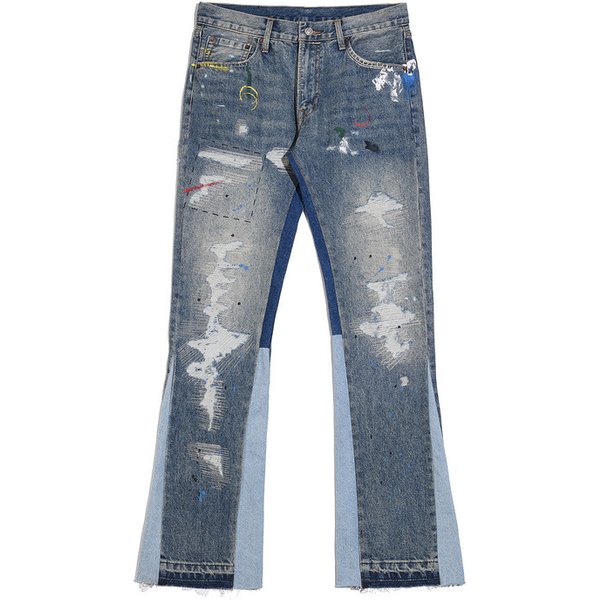 Men's Clothing Washed Old Damaged Holes Cat Whisker Embroidery Print Ink Splash Micro Flared Wide Leg Jeans Jeans