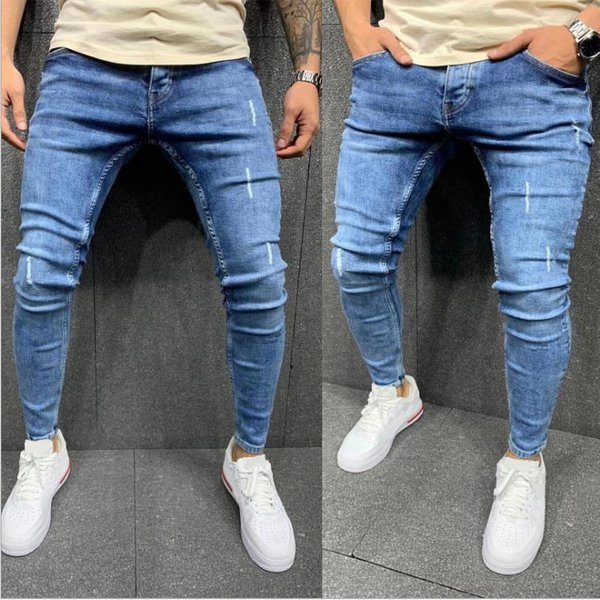 Men's High Quality Frayed Small Foot Stretch Jeans Skinny Jeans-image