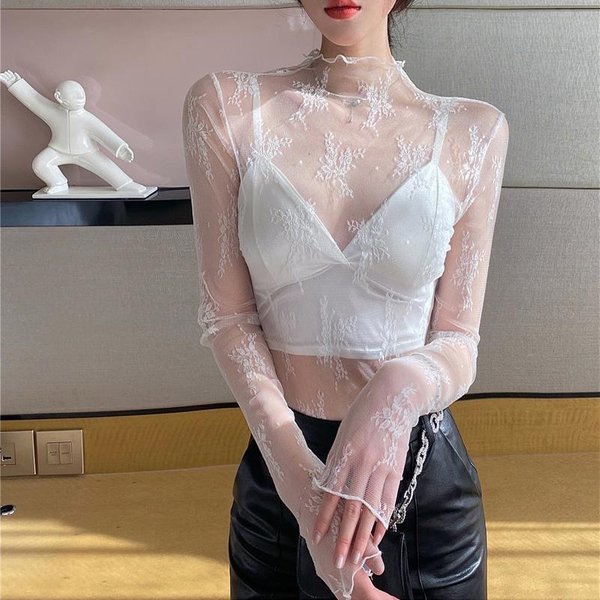 Women's Clothing White Half High Collar Lace Bottoming Shirt For Women Spring And Autumn 2025 New Style Inner Wear Tulle Thin Mesh Top-image