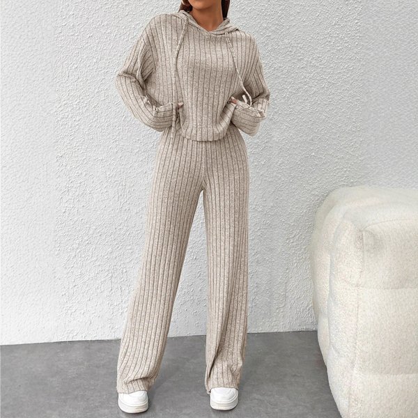 Cozy Long Hooded Knit Sweatshirt & Pants Set - Elegant Loungewear For Women, Oversized Fit, Soft Fleece Lining, Stylish Casual Outfit-image