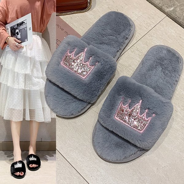 Fur Slippers Women's Autumn And Winter New Indoor And Outdoor Flip Flops Cotton Slippers Flat Bottom Crown Warm Casual Women's Shoes Wholesale-image