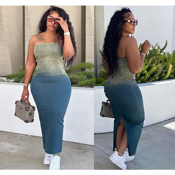 Women's Clothing Sexy Hot Girl Gradient Tube Top Slit Hip Wrapped Stretch Denim Skirt