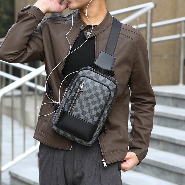 Men's Crossbody Bag – Waterproof PU Sling Bag With Checkerboard/Triangle/Hexagon Print For Travel & Daily Use-image