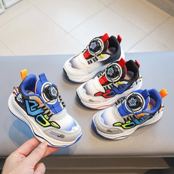 Children's Sneaker 2024 Spring And Autumn Boys' Casual Shoes Rotating Button Girls' Running Shoes Breathable Baby Mesh Shoes Single-image
