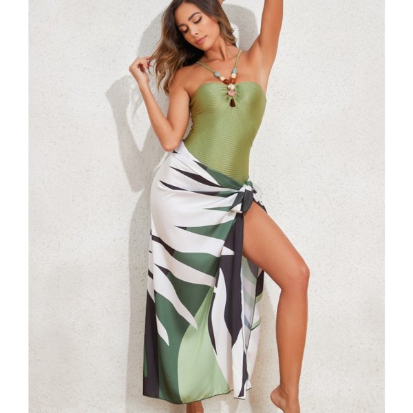 Women's Clothing New Positioning Printing Swimsuit Women's One Piece Belly Covering Slim Sexy Sunscreen Gauze Skirt Beach Bikini Set-image