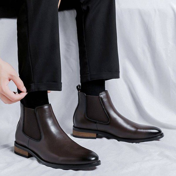 Beatles Boots Chelsea For Men, Autumn And High-top, Formal, Pointed-toe, Leather, Thick-soled, British Style, Winter, Brown, Martin