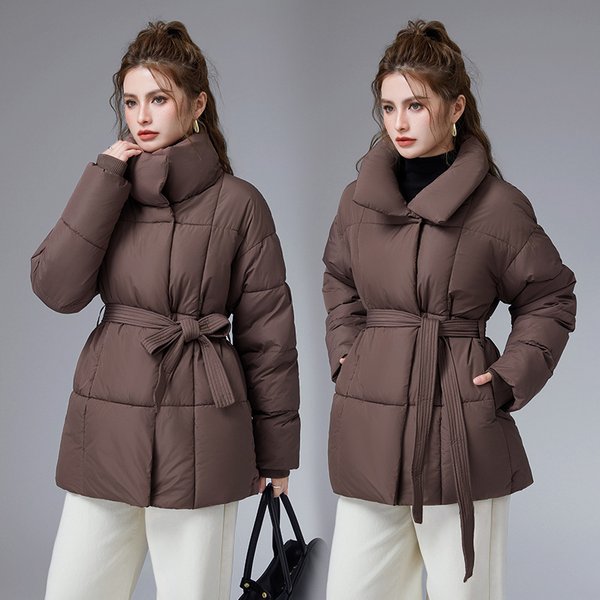 Women's Clothing Winter Coat With Belt – Oversized Stand Collar Jacket (Loose Fit, Mid-Length, 4XL Sizes)