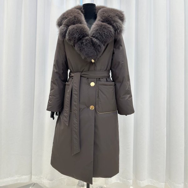 Extra Large Women's Long down Jacket with Real Fox Fur Collar Slimming Belted Waist Thick Warm Autumn Winter Style Coat