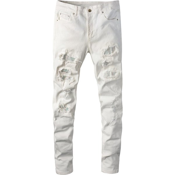 VêTements Pour Hommes Commerce ExtéRieur High Street Hole Patch Diamond Stretch Jeans Blancs Pantalons Slim Pour Hommes Pantalons Droits En Denim Pour Hommes 625-image