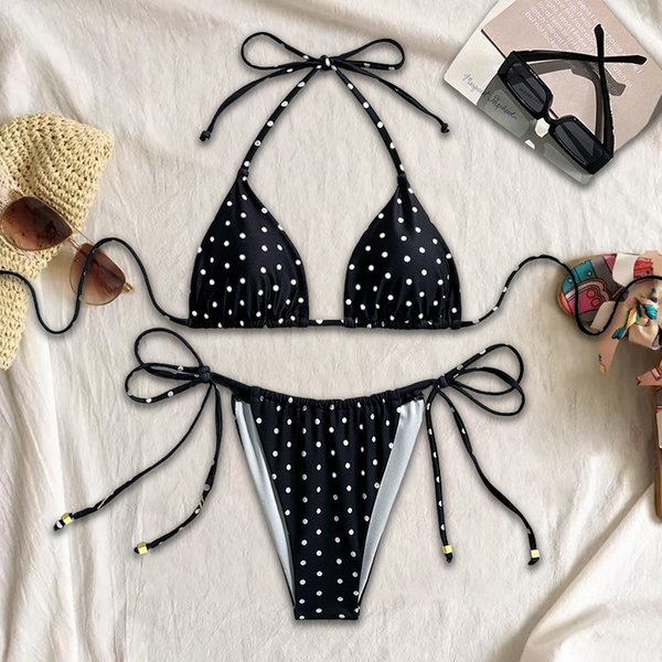 Women's Clothing Sexy Polka Dot Print Bikini New Split Swimsuit Tether Sling Three Point Swimsuit-image