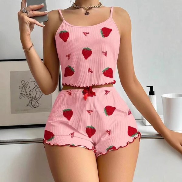2025New European And American Women's Pajamas Fashion Suits Cross Border Foreign Trade Design Sense Printed Sweet Suspender Shorts-image
