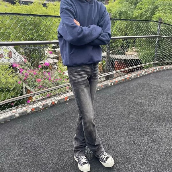 Men's Clothing High Street Vibe Style Black And Gray Retro Washed Cat Whisker Flared Jeans Men's Loose Straight Slim Pants-image