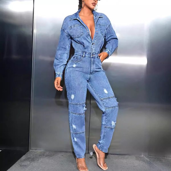 Women's Clothing Ins Casual Commuting Slim Jumpsuit Ripped Denim-image