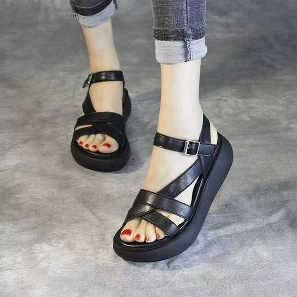Soft Leather Platform Sandals Women's Ethnic Wind Slope Heel Soft Sole Medium Heel Muffin Bottom Fish Mouth Women's Shoes-image