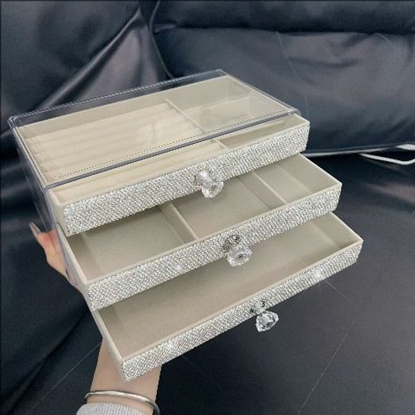 Luxury Velvet Jewelry Organizer Box – Diamond-Accented Multi-Drawer Storage For Earrings, Necklaces & Rings (Elegant Desktop Display Case)
