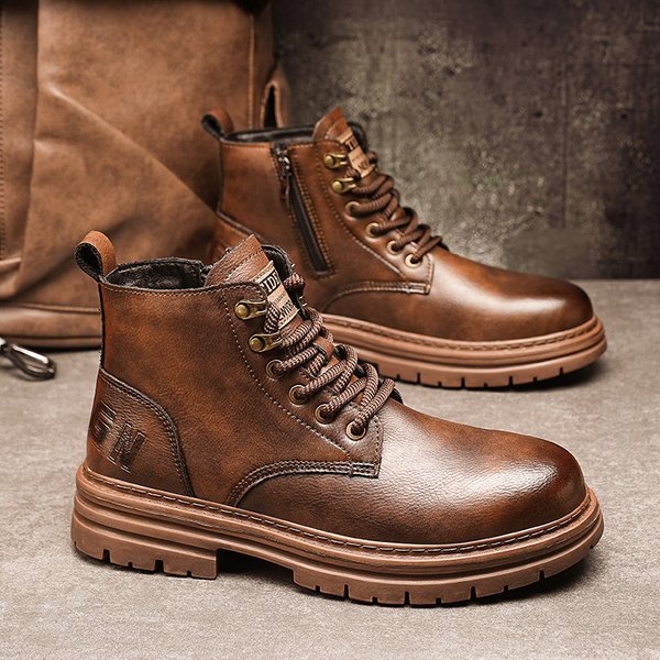 Men's Waterproof Martin Boots High Top Casual Shoes Retro Leather British Style Workwear Short Autumn Trendy Versatile