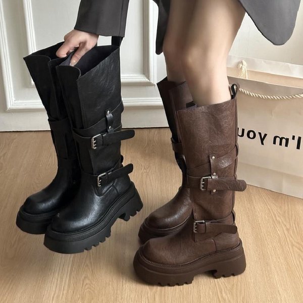 Women's Retro Oversized Thick Soled Buckle Leather Fashion Boots Autumn Winter Versatile Riding Knee High Boots