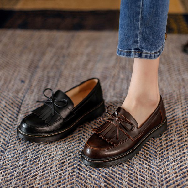 Women's Shoes Retro Thick Soled Chunky Heeled Leather Shoes Bowknot Tassel Loafers Slip On Lazy Round Toed Single Shoes For Women-image