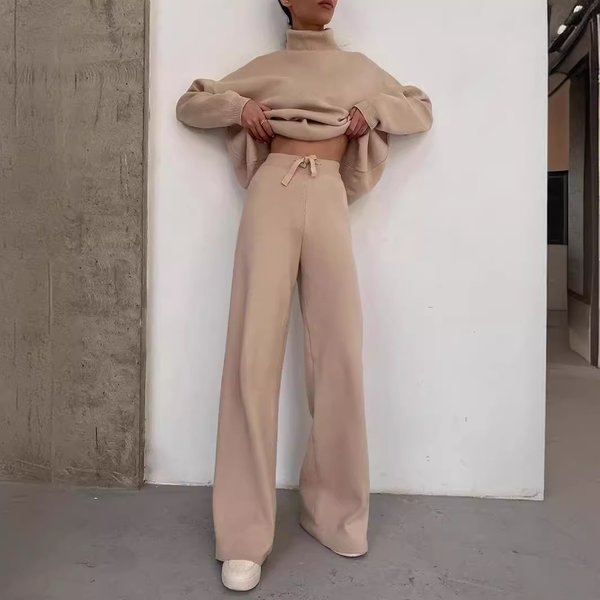 Women's Clothing long sleeved brown temperament wide leg pants fashionable loose high necked casual two piece sweatshirt