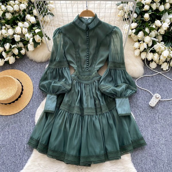Elegant French Court-Style Lantern Sleeve Dress With Embroidered Lace Details – A-Line High Waist Flowy Maxi Dress For Women