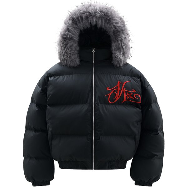 Gothic Letter Embroidered Fur Collar Hooded Cotton Jacket Men's Trendy Winter Thickened Hat Detachable Stand Up Collar Coat-image