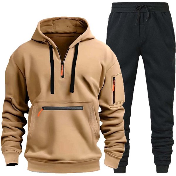 Men's Hoodie Set Zipper Multi-Pocket Pullover Men's Sports Casual Top 2-Piece Set-image