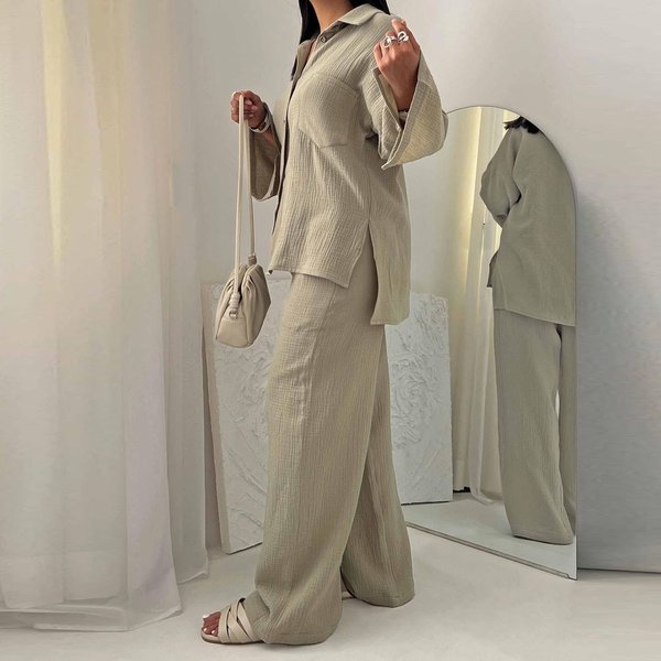 Women's Clothing Plus Size Women's Clothing Autumn Fashion Wrinkled Long Sleeved Shirt High Waisted Wide Leg Pants Suit