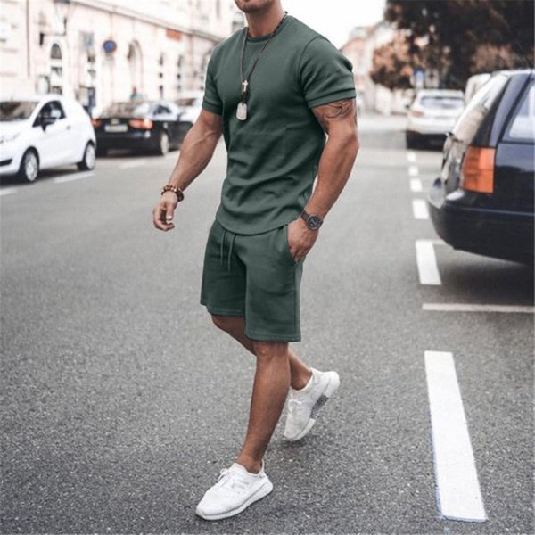 Men's Clothing Men's Casual Sports Short Sleeved Shorts Street Sports Round Neck Suit Multi Color-image