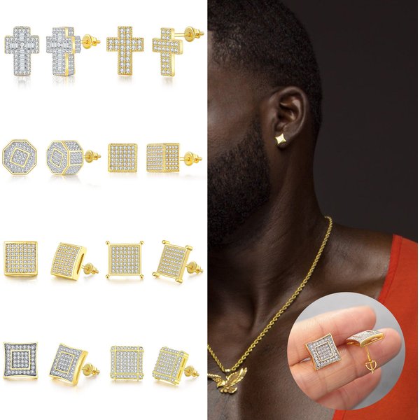 Full Diamond Hip-Hop Earrings Men's Zircon Micro Inlaid Cross Thread Earrings Popular Jewelry-image