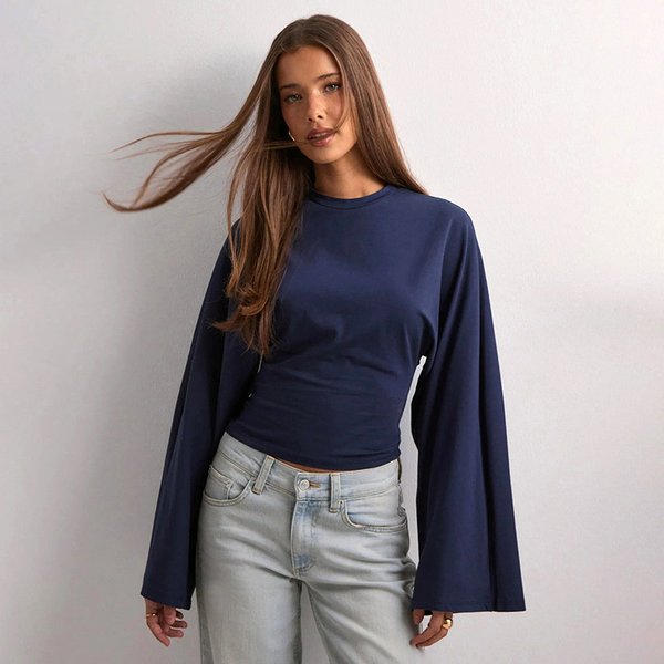 2025 New Solid Color Round Neck Front Shoulder Wide Sleeve Waist Sexy Long Sleeve Top