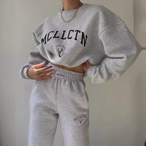 cross border European and American clothing casual fashion printed thickened suit plus velvet sweatshirt long sleeved pants suit
