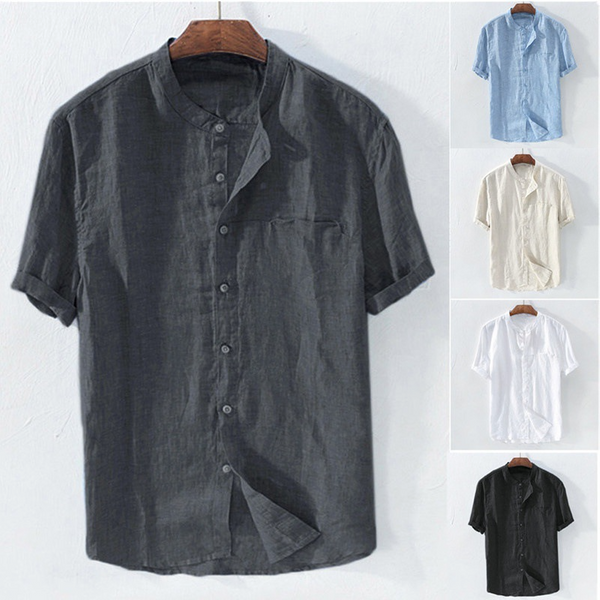 Men's Shirts New Short-Sleeved Summer Stand-Up Collar Shirts Men's Casual Shirts Cotton And Linen Shirts-image