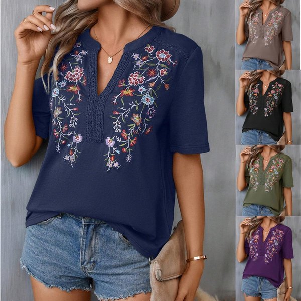 Women's clothing Amazon cross-border new summer fashion 10,000-needle embroidery stitching lace tops for women