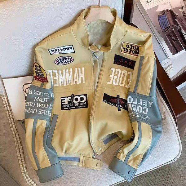 Men's Clothing High End Motorcycle Leather Jacket Heavy Embroidery Baseball Uniform Loose Handsome Coat-image
