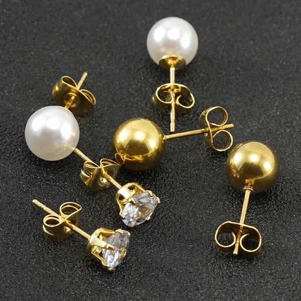 Elegant Geometric Stainless Steel Inlay Artificial Pearls Zircon Ear Studs 1 Pair-image