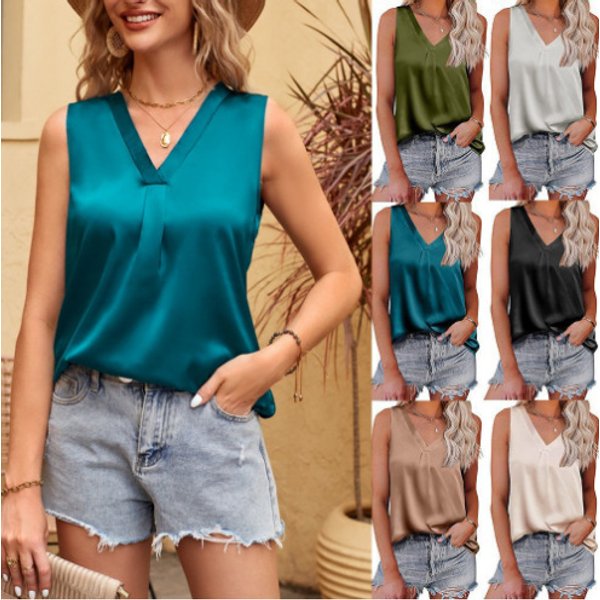 Women's Clothing V-Neck Casual Satin Sleeveless Basic Vest Shirt-image