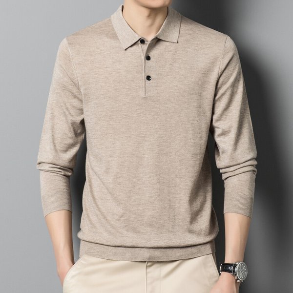 Men's Clothing 2024 autumn and winter new polo tops knitted wool men's lapel loose solid color sweater polo shirt collar