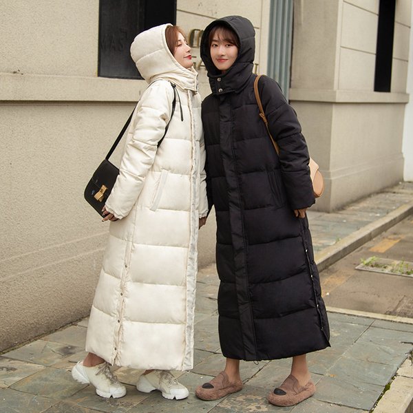 Women's Winter Hooded Long Puffer Coat With Thickened Polyester Filling, Oversized Knee-Length Warm Jacket For Plus Size