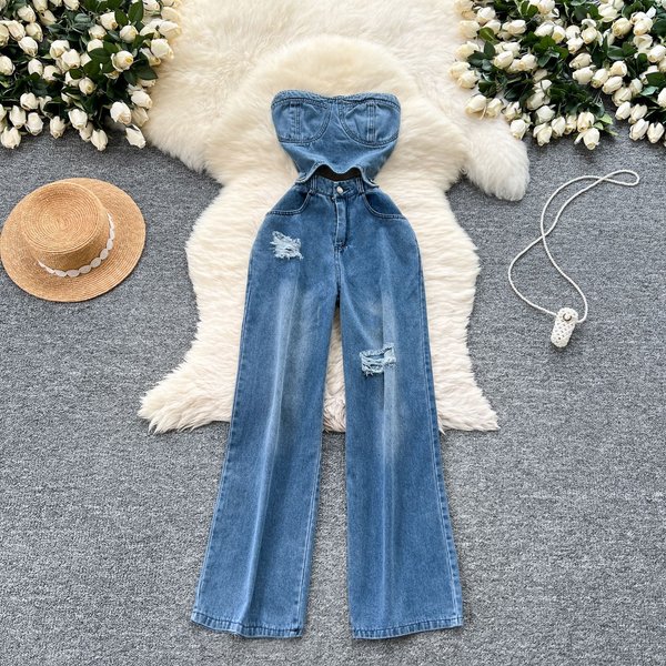 Women's Clothing Chic Internet Celebrity New Design Sense Hollow Sleeveless High Waist Slimming Hole Casual Denim Jumpsuit-image