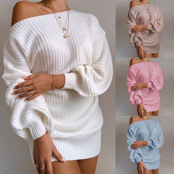 Women's Clothing Sweater Hot Style Casual Off-Shoulder Lantern Sleeve Knitted Sweater Dress-image