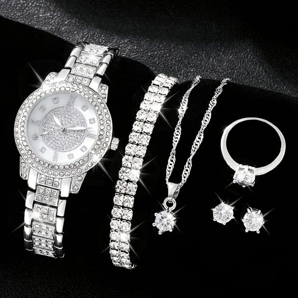 Ladies New Fashion Rhinestone Dial Steel Band Quartz Watch + Luxury Rhinestone Jewelry Set-image