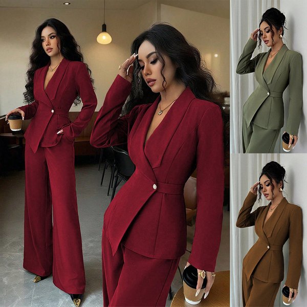 Women's Suit Temperament Fashion Long-Sleeved Blazer Straight Pants Up And Down Two-Piece Suit-image