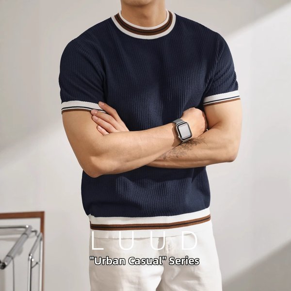 Men's Clothing Slim Fit Short Sleeve Knit Sweater Color Block Striped Ice Silk Breathable Business Style Korean Style-image