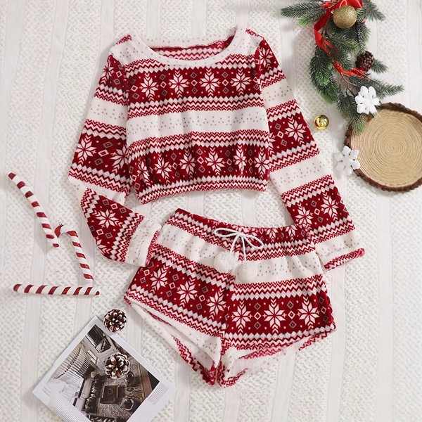 Christmas Flannel Pajama Set With Pom-Pom Trim – Long Sleeve Top & Shorts, Cozy Winter Loungewear (Red/Black/Blue/Deer Print)-image