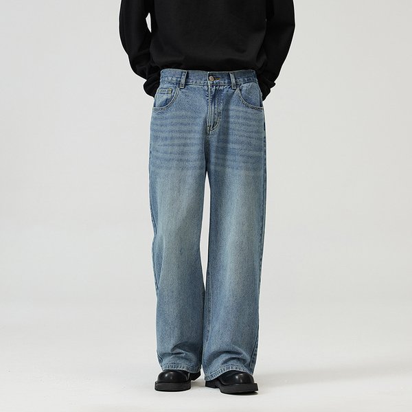 Men's Clothing Straight Half Elastic Waist Jeans Washed Vintage Wide Leg Long Pants-image