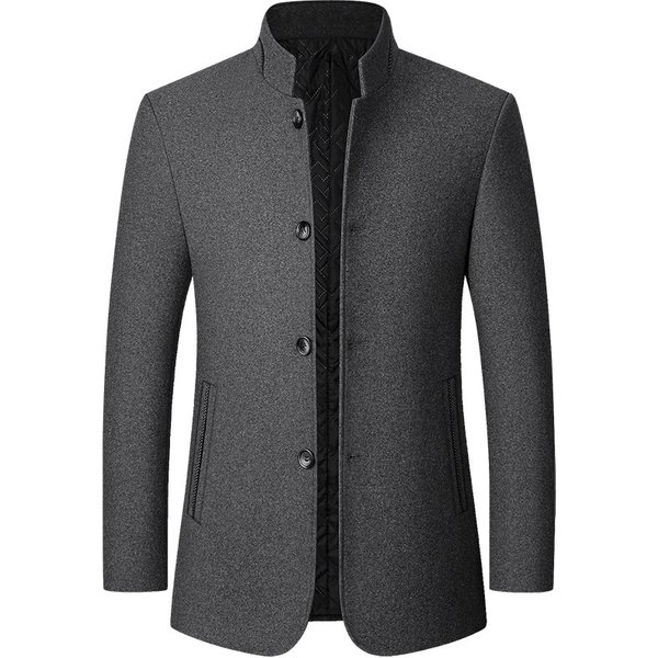 Autumn And Winter New Middle Aged Men's Jacket Woolen Woolen Coat Standing Collar Woolen Coat Casual Men's Wear-image